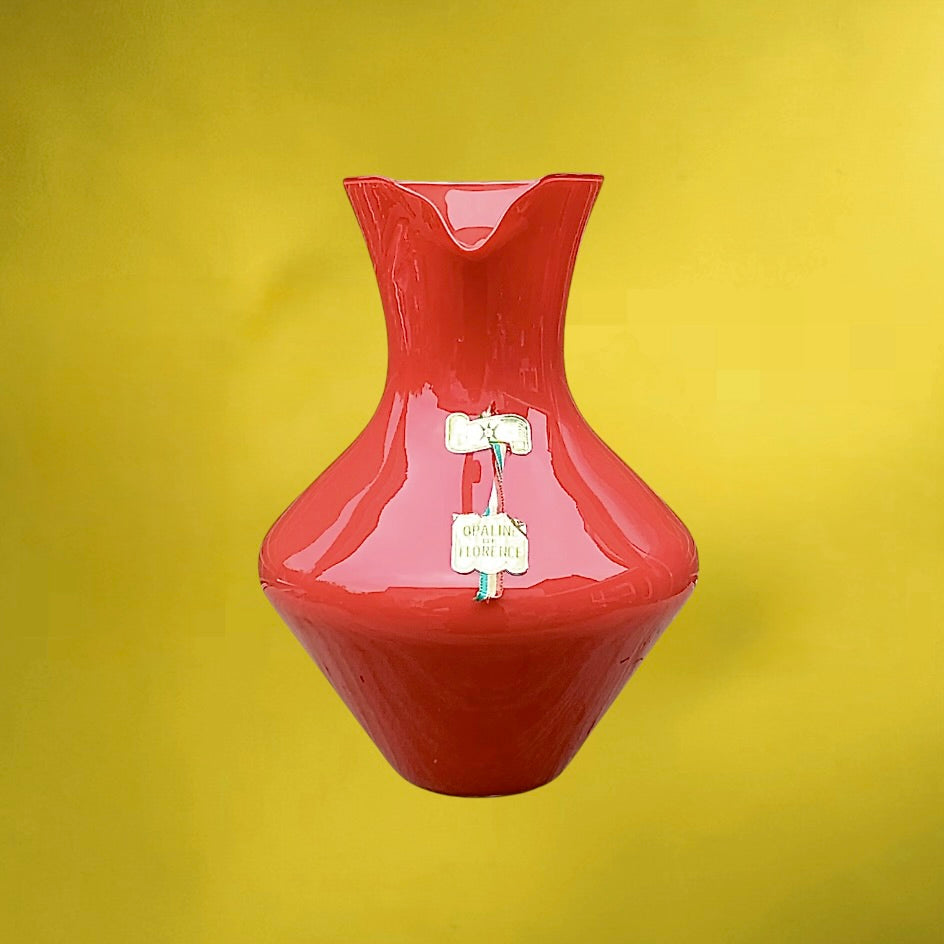 Vase pichet opaline rouge corail Florence vintage verre soufflé anse torsadée années 60