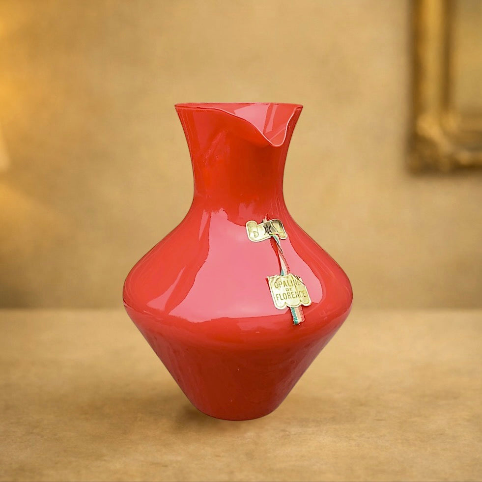 Vase pichet opaline rouge corail Florence vintage verre torsadé
