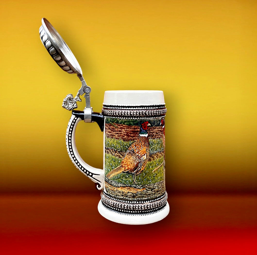 Chope bière vintage Gerz - grès émaillé étain faisan Allemagne 95% zinn