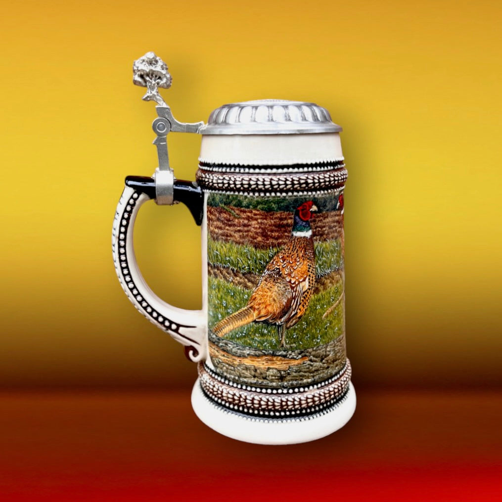 Chope bière vintage Gerz - grès émaillé étain faisan Allemagne 95% zinn