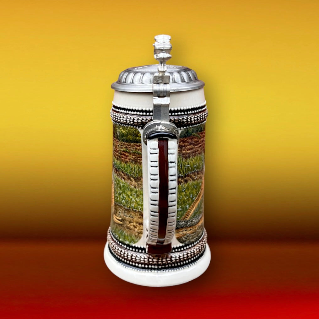 Chope bière vintage Gerz - grès émaillé étain faisan Allemagne 95% zinn