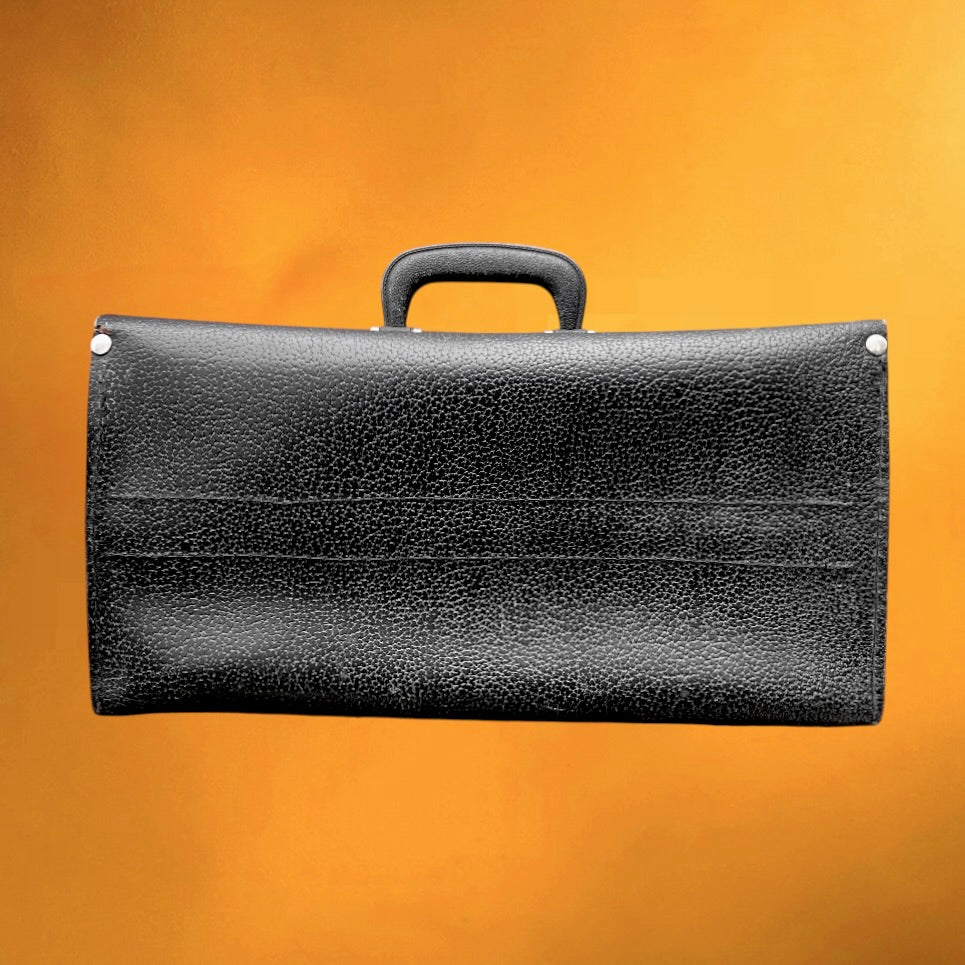 Sacoche à outils vintage en cuir noir épais – mallette artisan – années 50 60