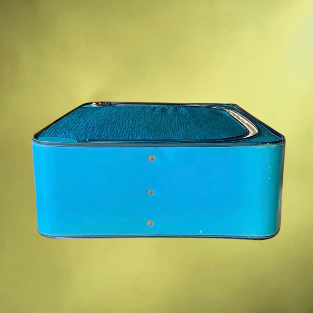 Valise vintage années 50 Skaï bleu tissu chiné bagage rétro bleu laiton doré