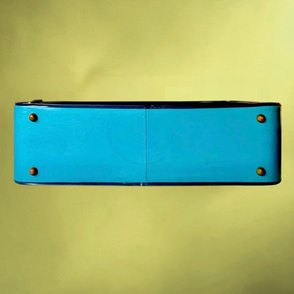 Valise vintage années 50 Skaï bleu tissu chiné bagage rétro bleu laiton doré