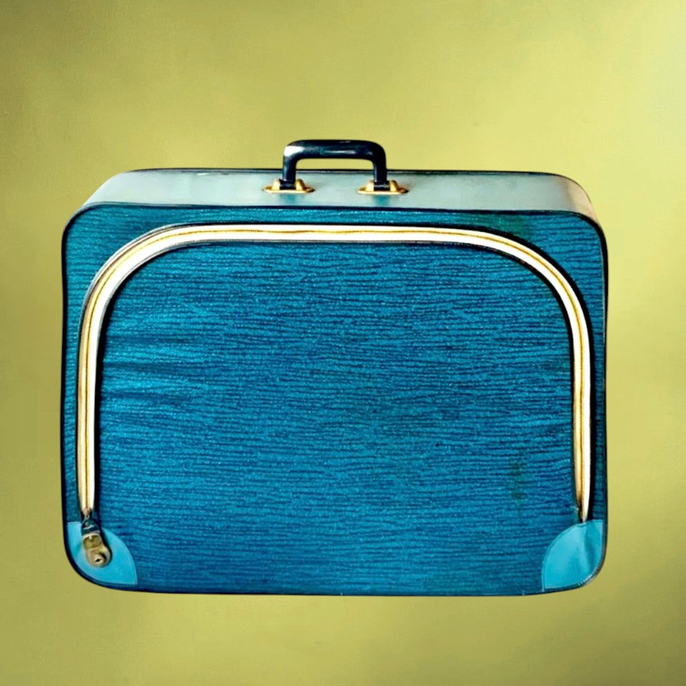 Valise vintage années 50 Skaï bleu tissu chiné bagage rétro bleu laiton doré