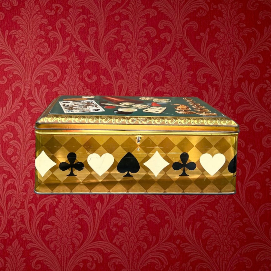 Boîte métallique vintage Demaret décor jeux cartes damier – ancienne boîte confiserie belge