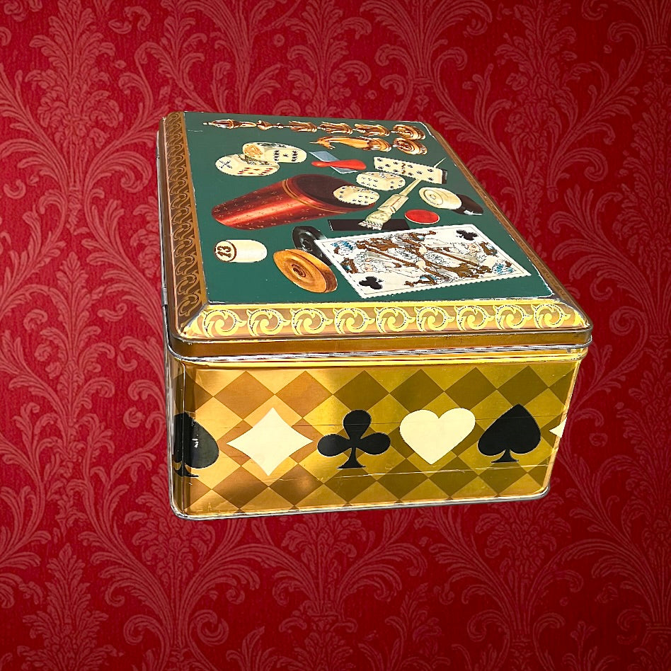 Boîte métallique vintage Demaret décor jeux cartes damier – ancienne boîte confiserie belge