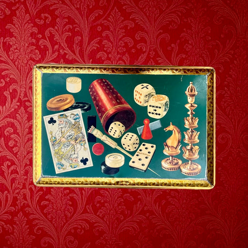 Boîte métallique vintage Demaret décor jeux cartes damier – ancienne boîte confiserie belge