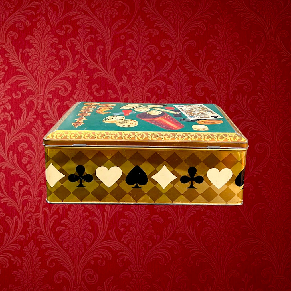 Boîte métallique vintage Demaret décor jeux cartes damier – ancienne boîte confiserie belge