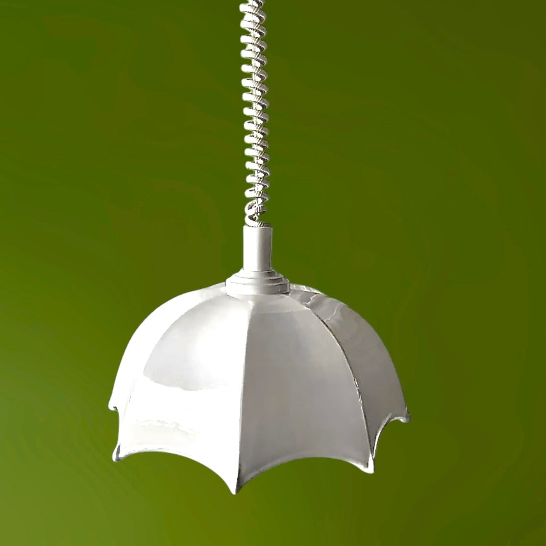 Suspension monte-et-baisse vintage en céramique blanche – abat-jour parapluie – luminaire rétro élégant