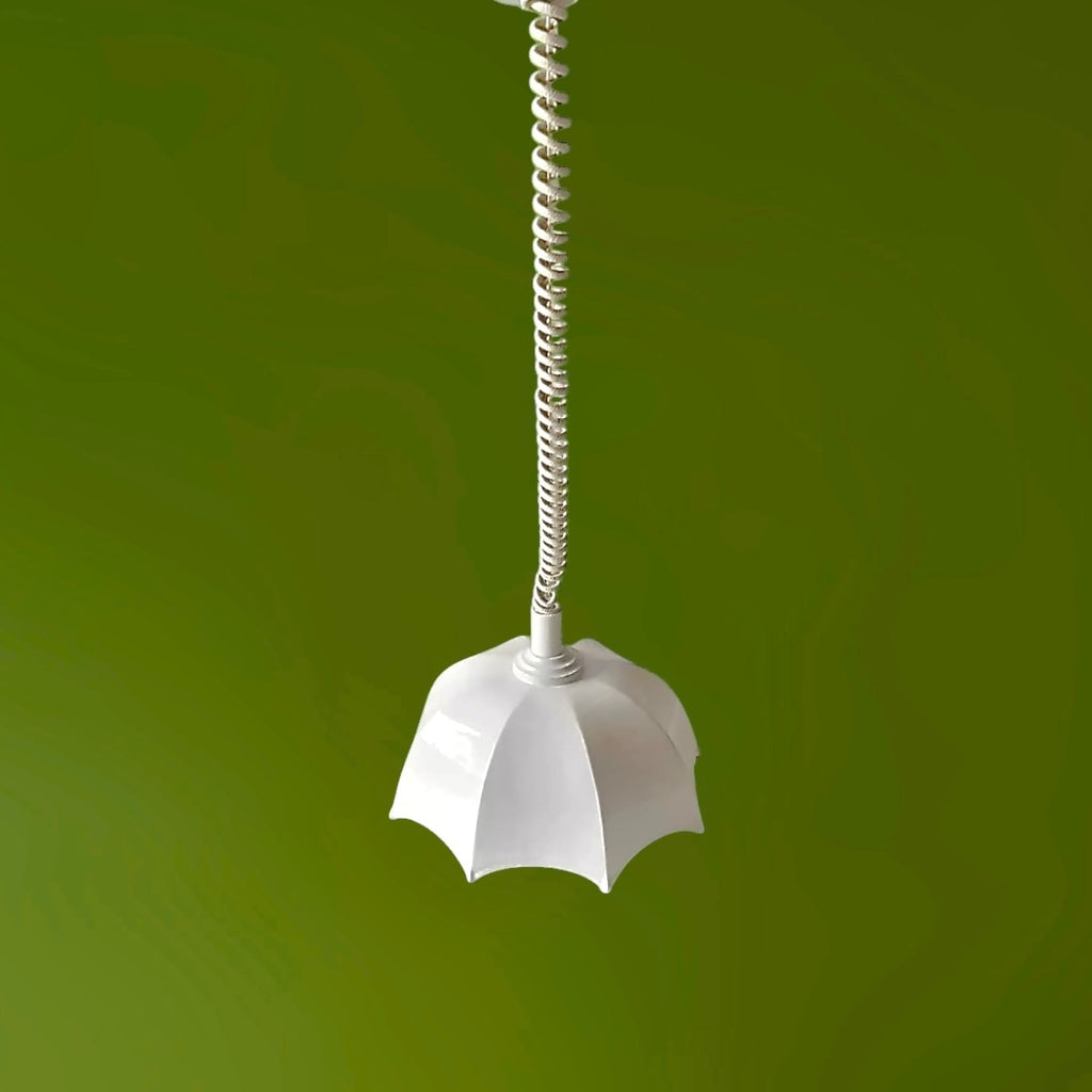 Suspension monte-et-baisse vintage en céramique blanche – abat-jour parapluie – luminaire rétro élégant