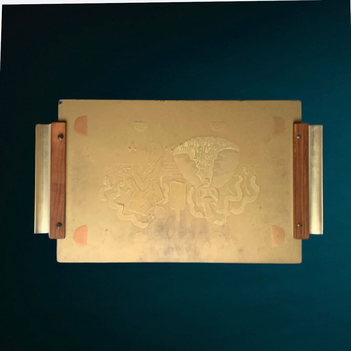 Plateau miroir vintage rectangulaire bois et métal doré – décor romantique années 50