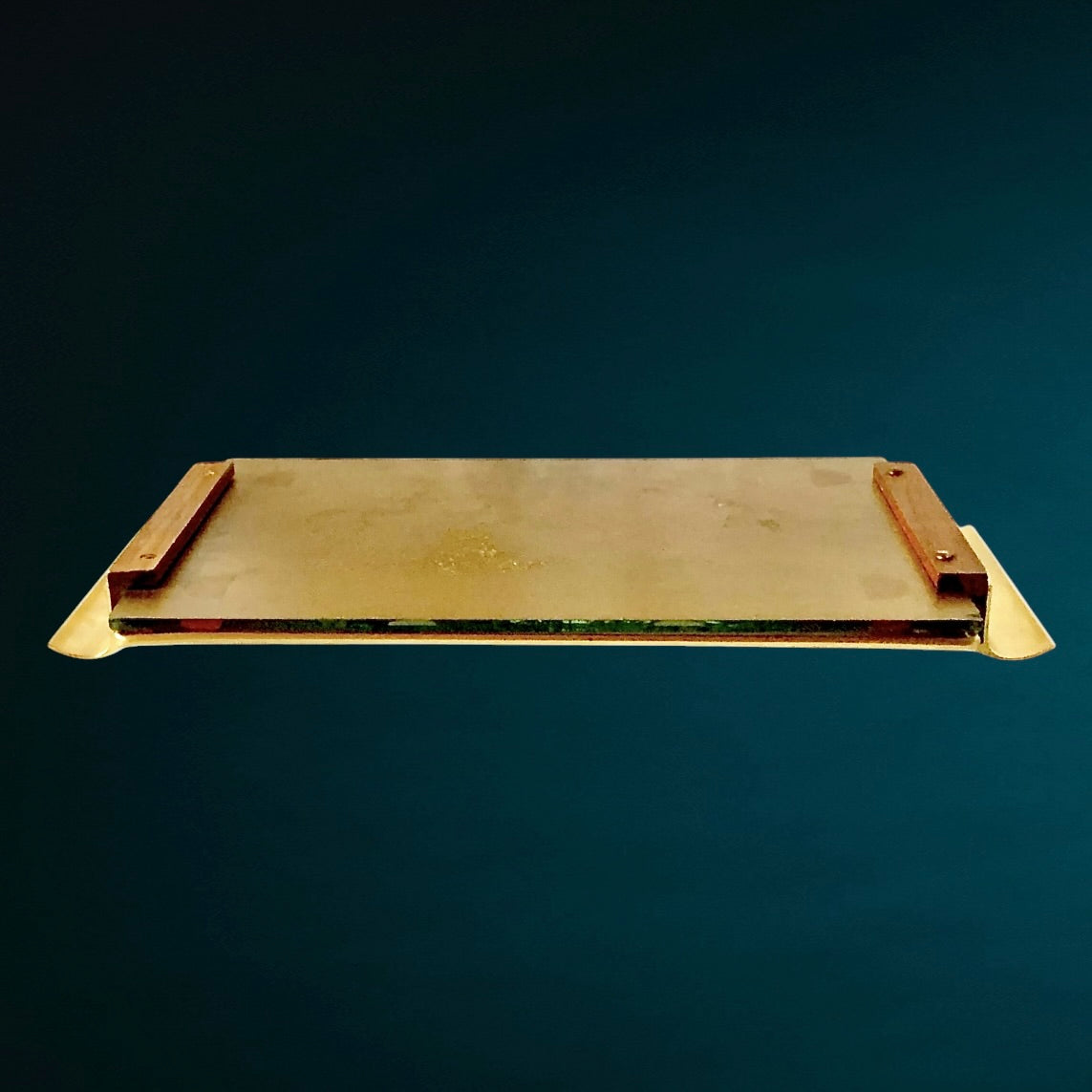 Plateau miroir vintage rectangulaire bois et métal doré – décor romantique années 50