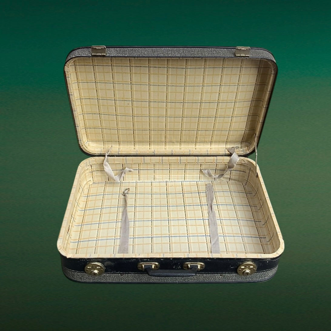 Valise vintage bleu marine moucheté blanc skaï années 60
