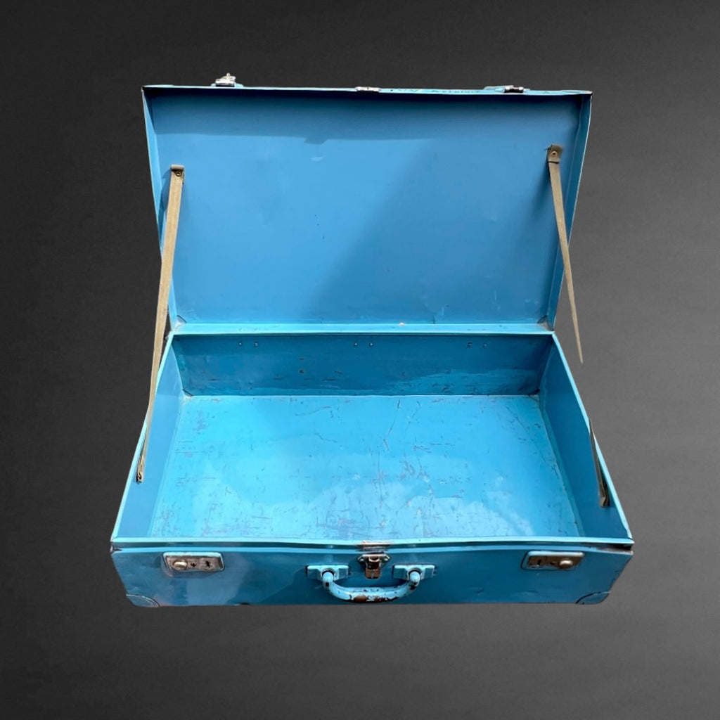Grande valise métallique vintage bleue malle métal ancienne
