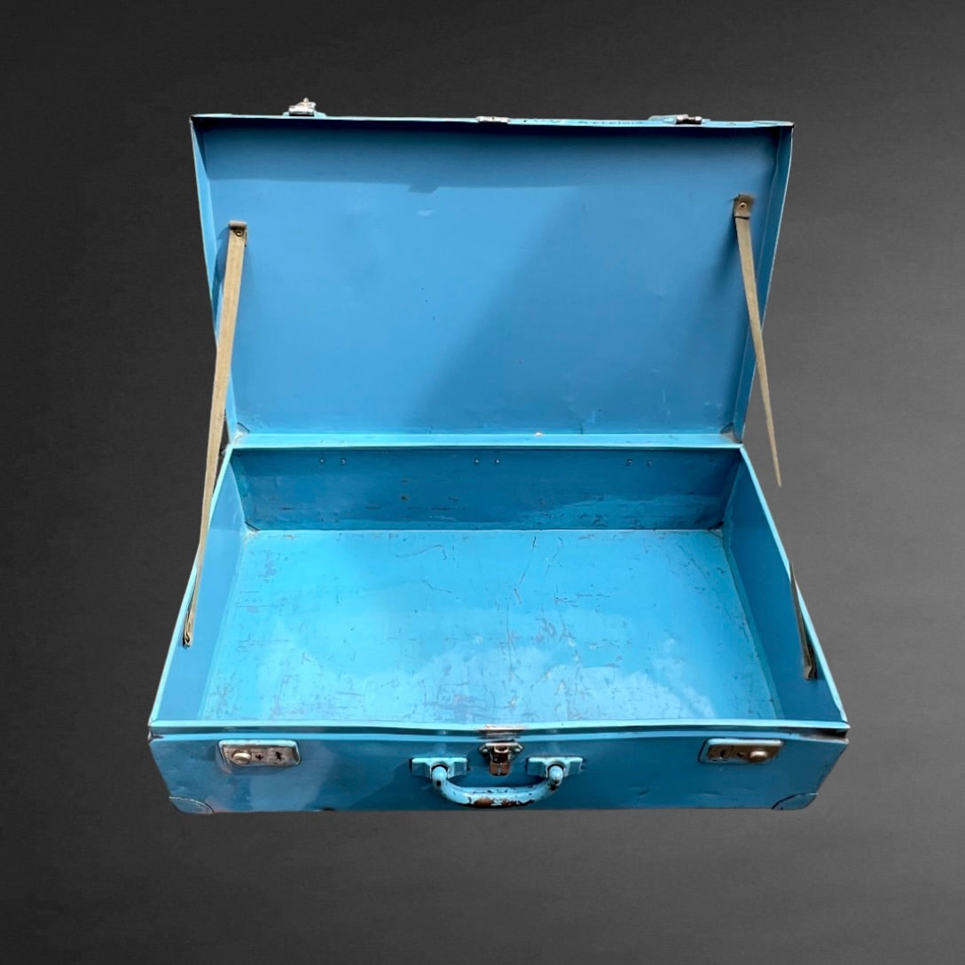 Grande valise métallique vintage bleue malle métal ancienne