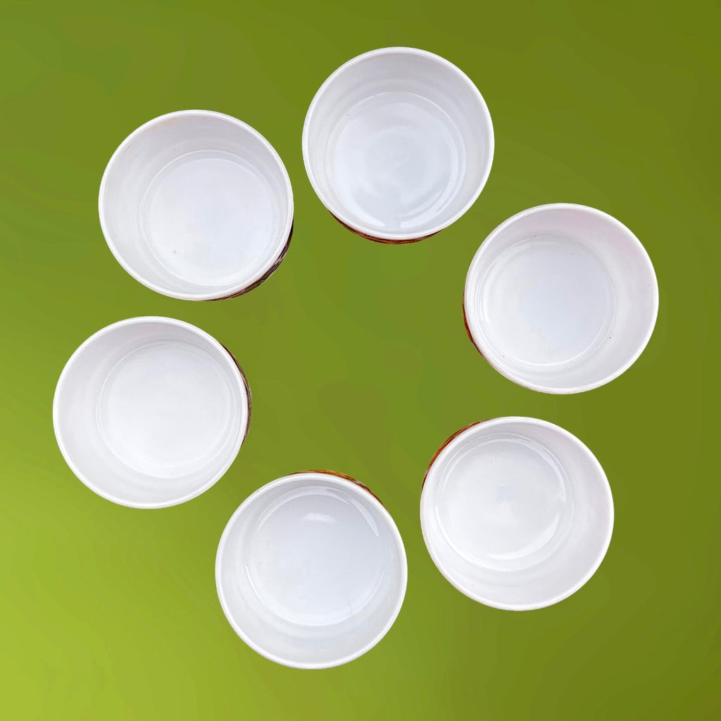 Lot de 6 ramequins Arcopal Lotus en verre opalin, décor floral années 70, couleurs vives, très bel état.