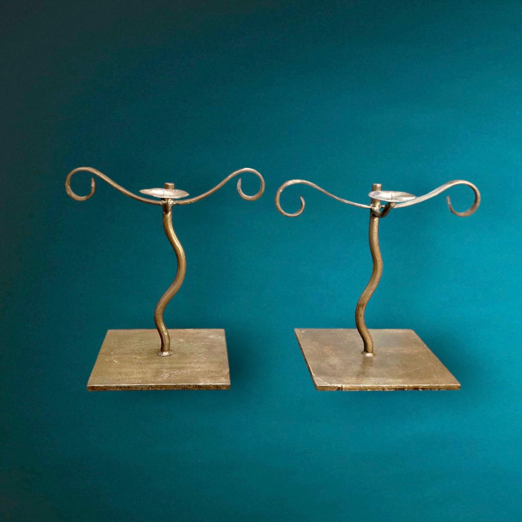 Paire de bougeoirs en fer forgé – vintage artisanal brutaliste