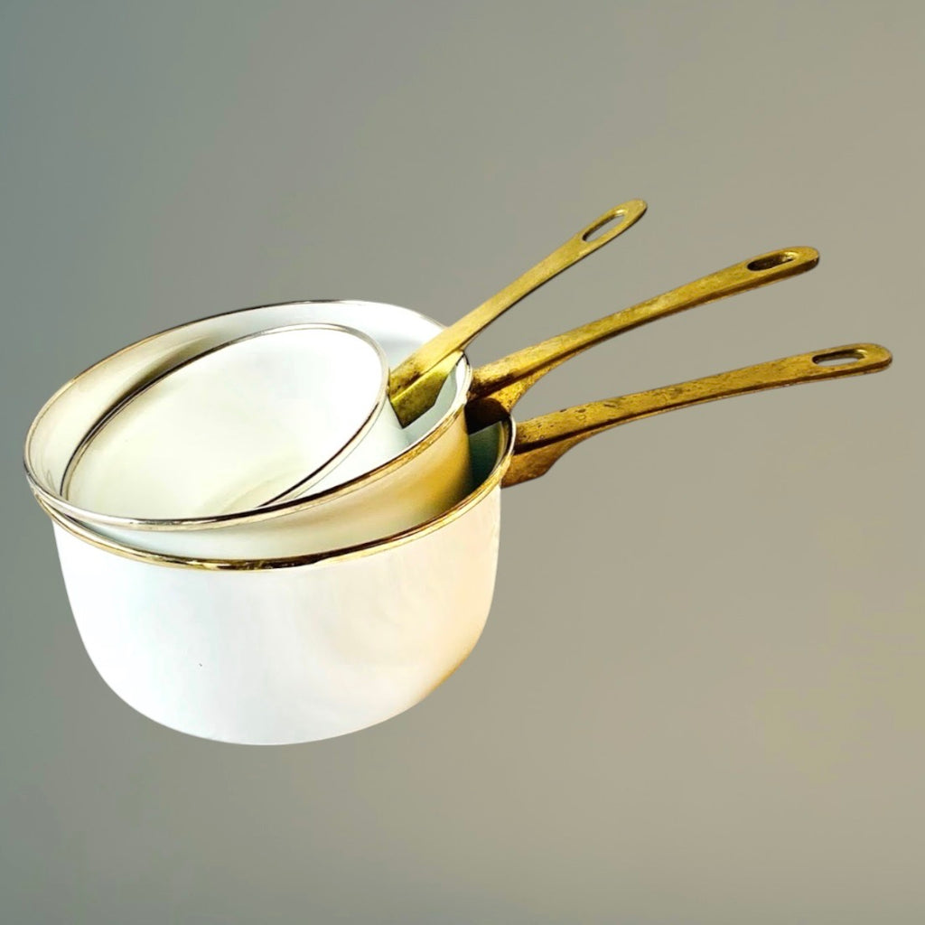 Casseroles Anciennes Tôle Émaillée Blanche Laiton Lot 3 Vintage Cuisine