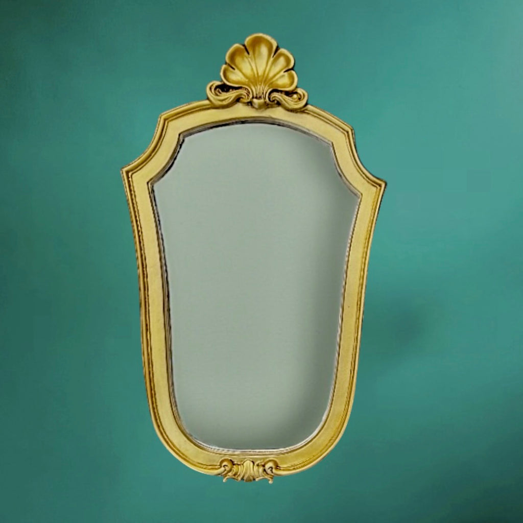 Miroir mural ancien coquille résine dorée glace vintage années 50 60