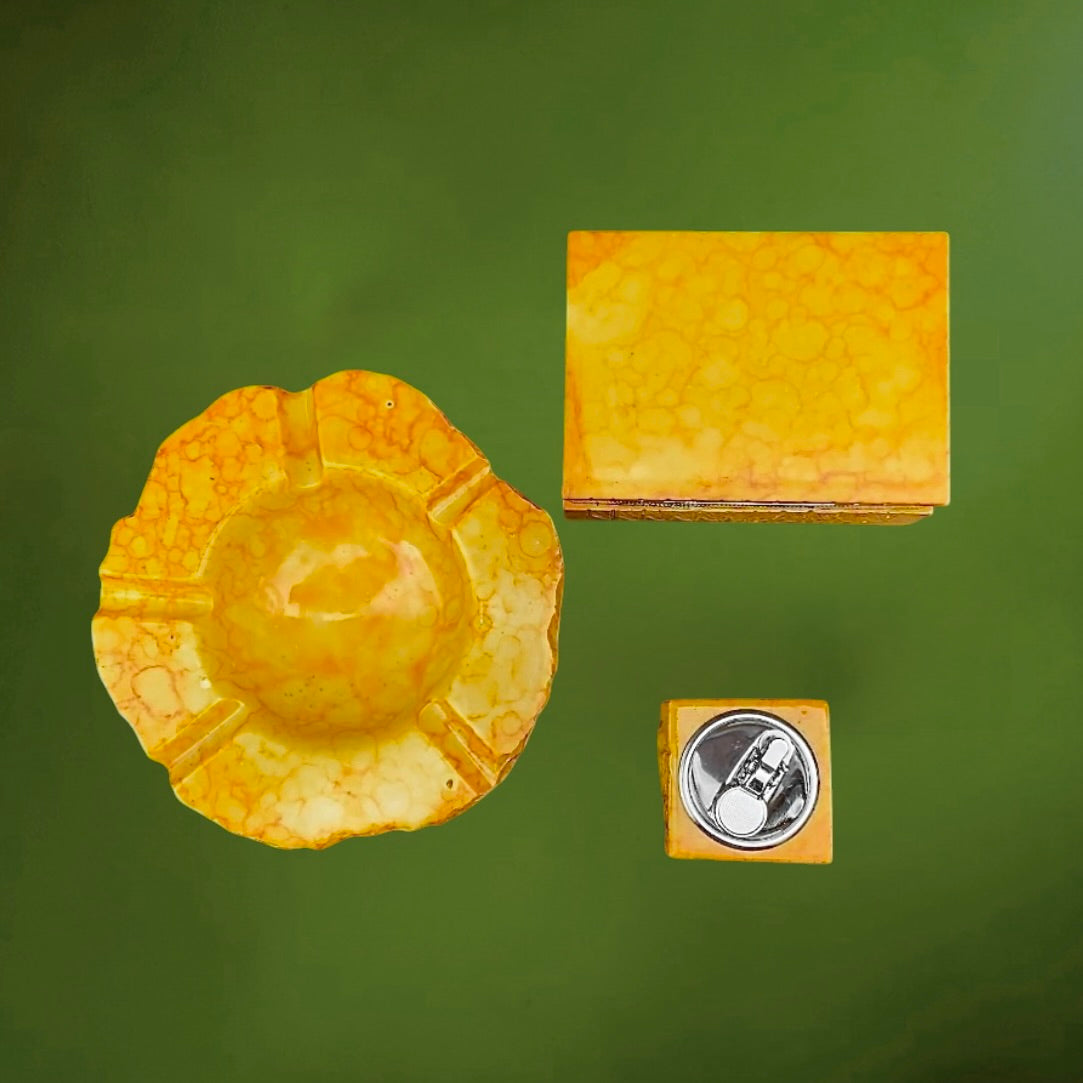 Ensemble fumeur vintage marbré jaune orangé – cendrier briquet et boîte – style résine années 60