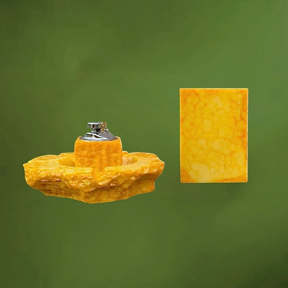 Ensemble fumeur vintage marbré jaune orangé – cendrier briquet et boîte – style résine années 60