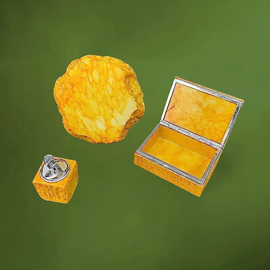 Ensemble fumeur vintage marbré jaune orangé – cendrier briquet et boîte – style résine années 60
