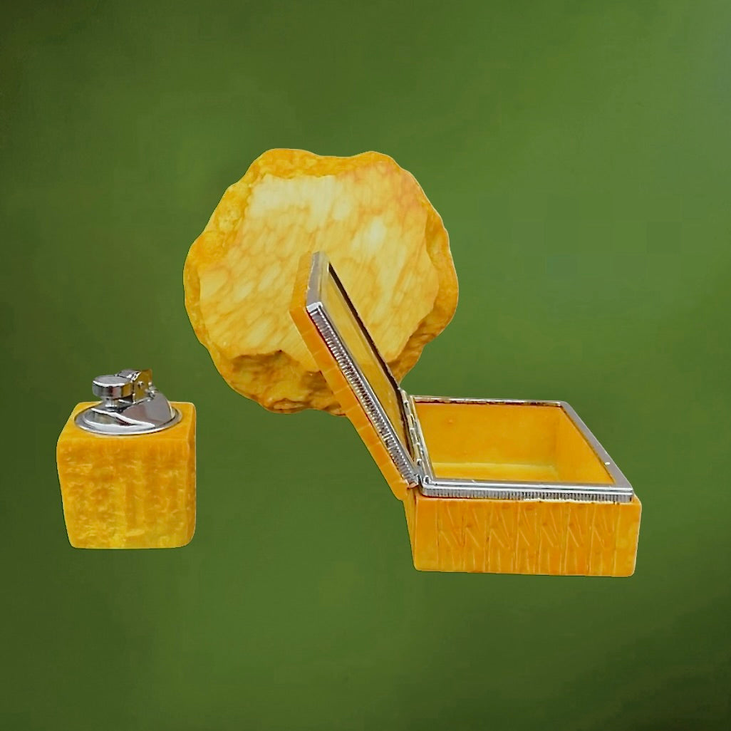Ensemble fumeur vintage marbré jaune orangé – cendrier briquet et boîte – style résine années 60