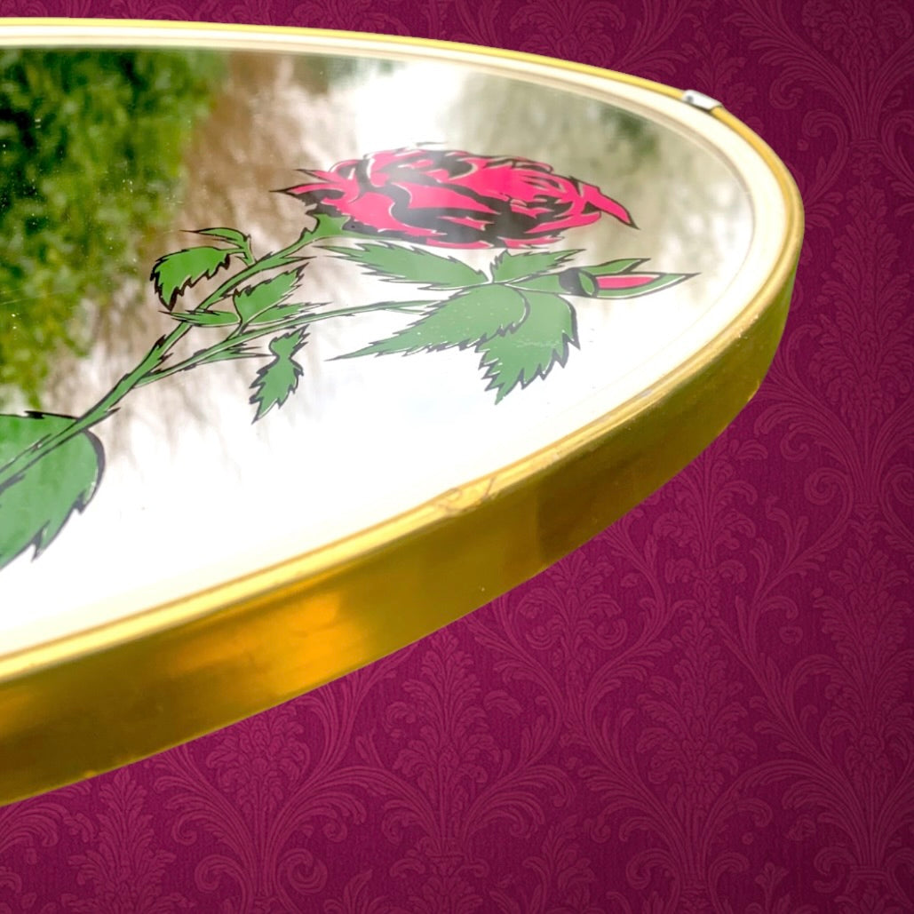 Miroir mural ovale vintage cadre doré décor floral sous verre – style rockabilly années 50