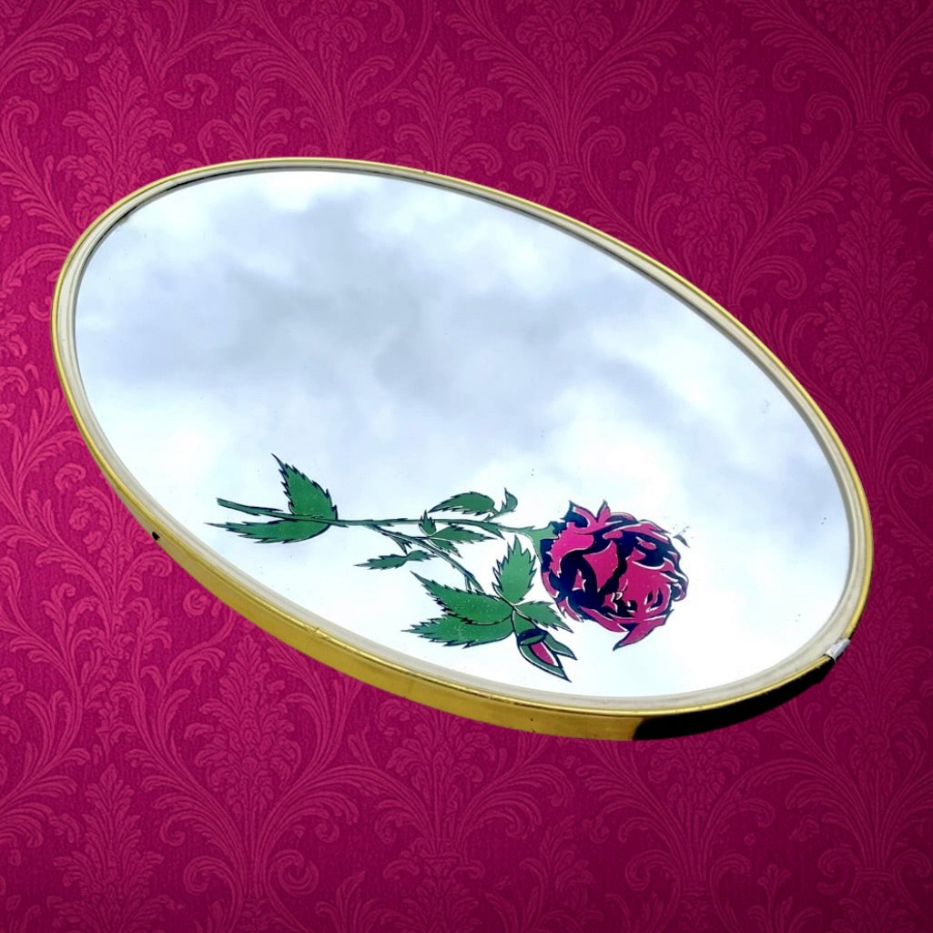 Miroir mural ovale vintage cadre doré décor floral sous verre – style rockabilly années 50