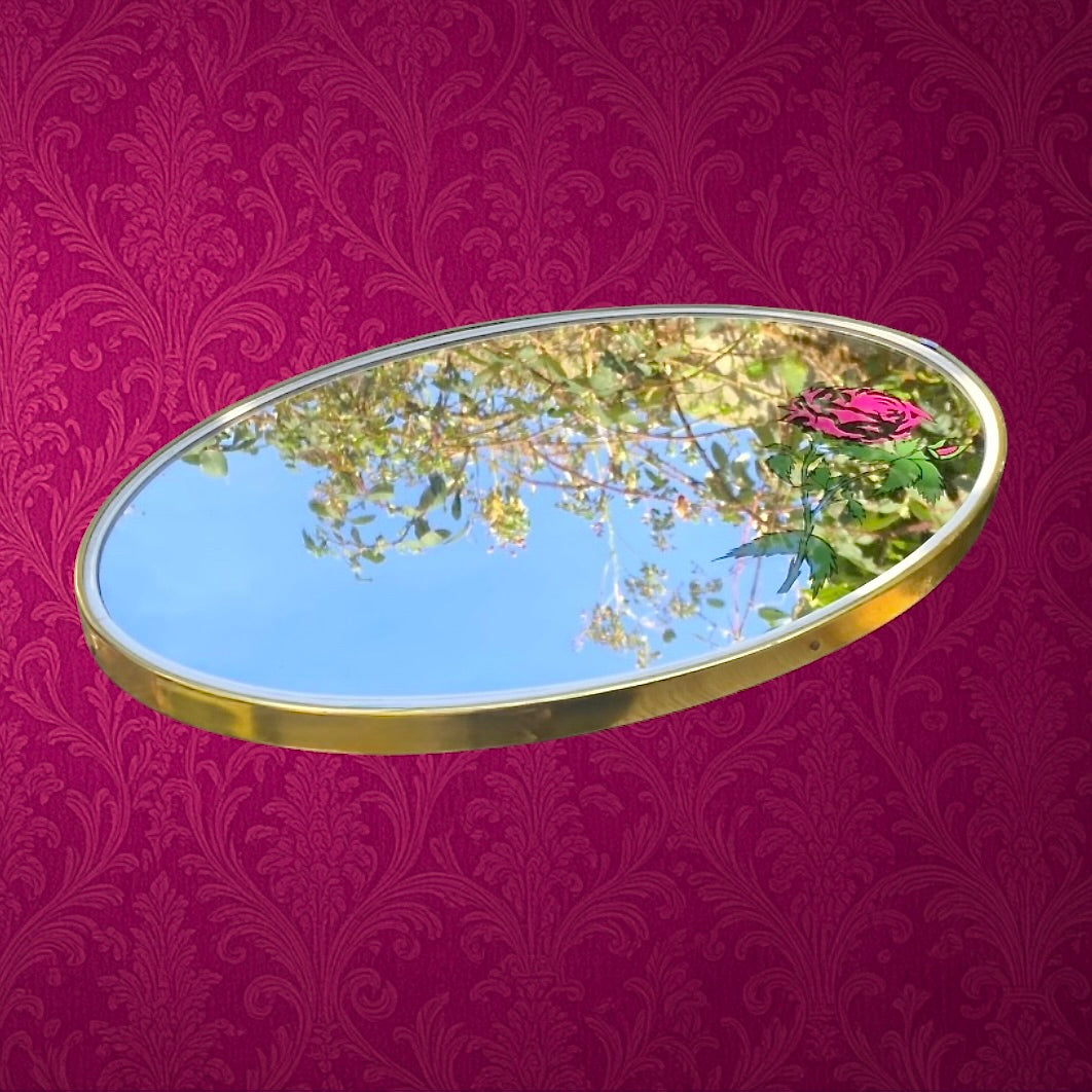 Miroir mural ovale vintage cadre doré décor floral sous verre – style rockabilly années 50