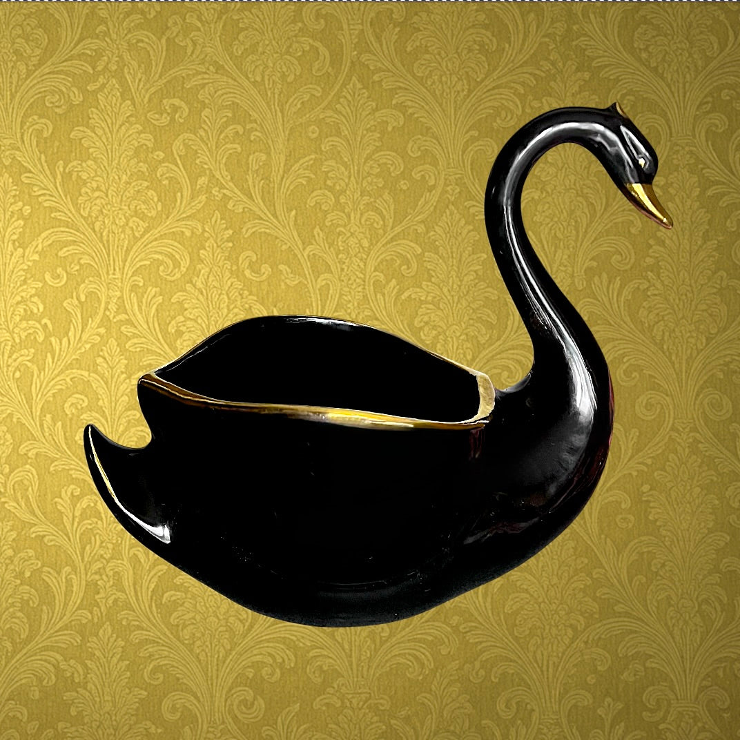 Coupe Cygne Vintage Céramique Noir et Or Années 60