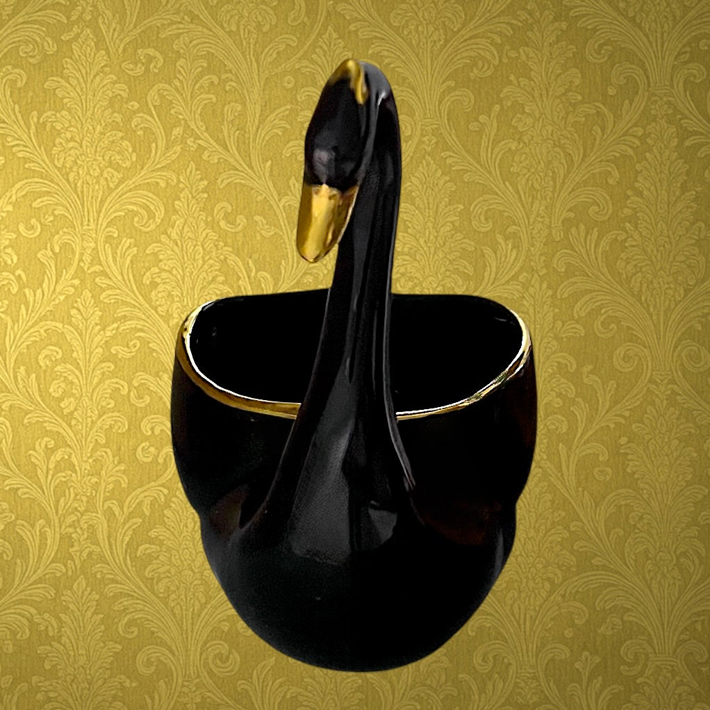 Coupe Cygne Vintage Céramique Noir et Or Années 60