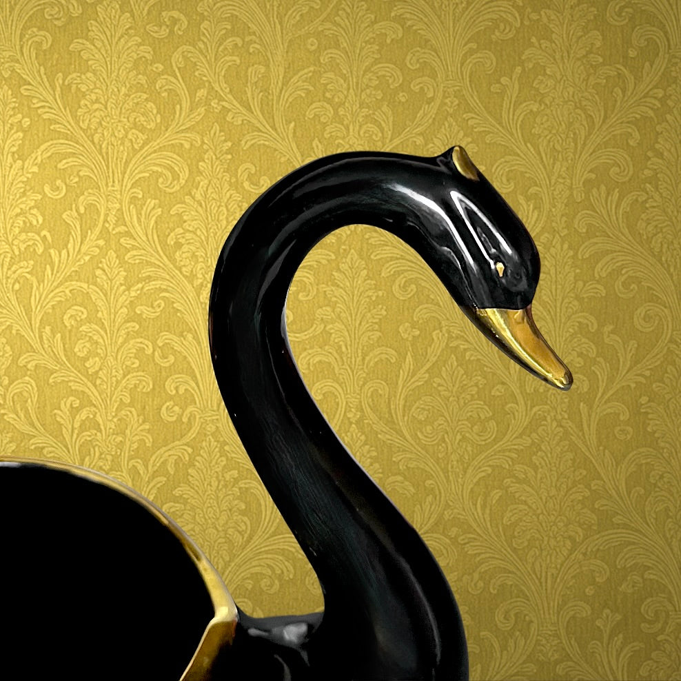 Coupe Cygne Vintage Céramique Noir et Or Années 60
