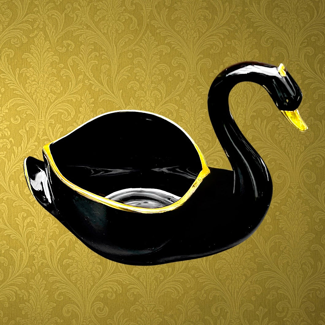 Coupe Cygne Vintage Céramique Noir et Or Années 60 