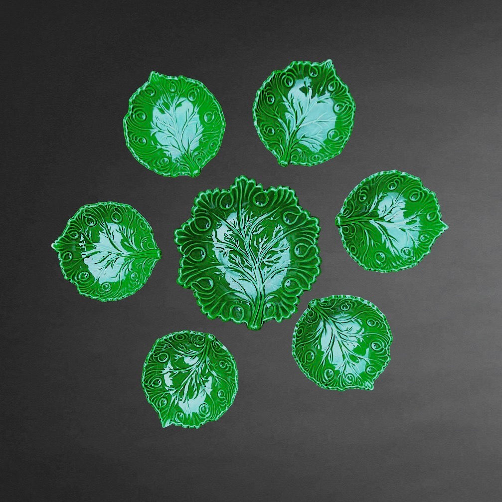 service-dessert-majolique-italienne-vert-feuilles-vigne-cal-nove