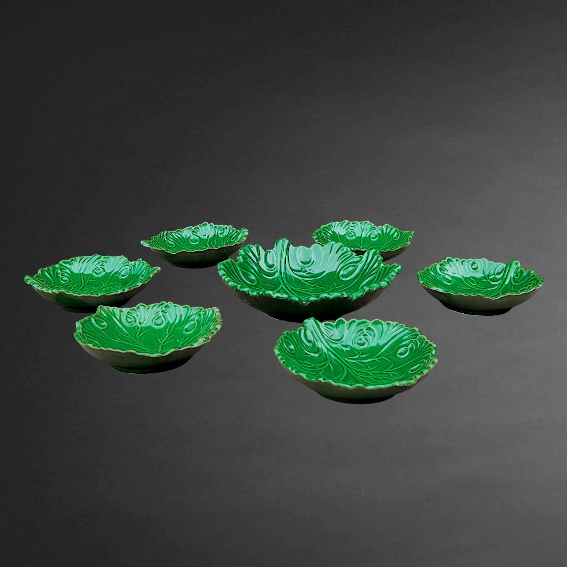 Service à Dessert Majolique Italienne C.A.L Nove – Feuilles de Vigne Vert - 7 pièces - Années 60