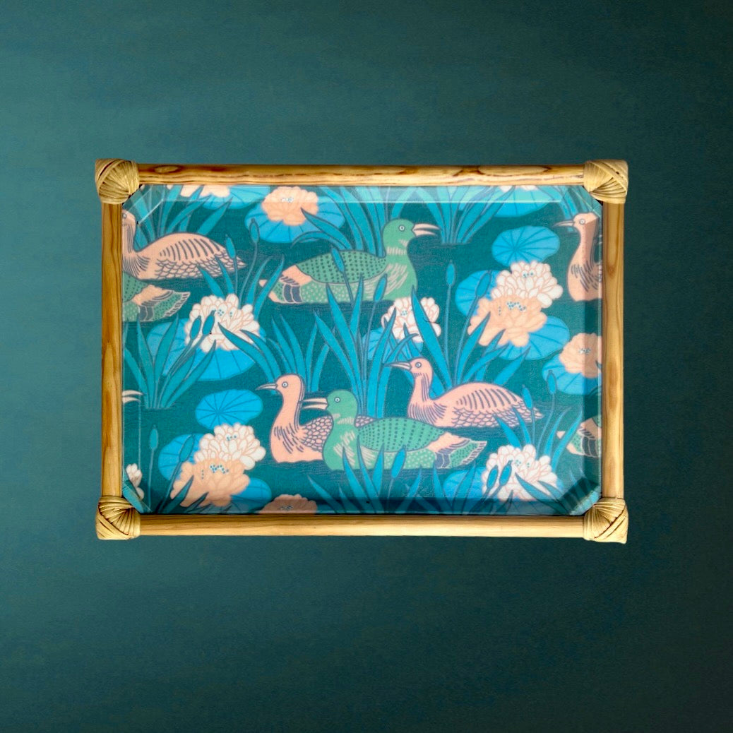 plateau ancien fibre de verre bambou rotin décor oiseaux
