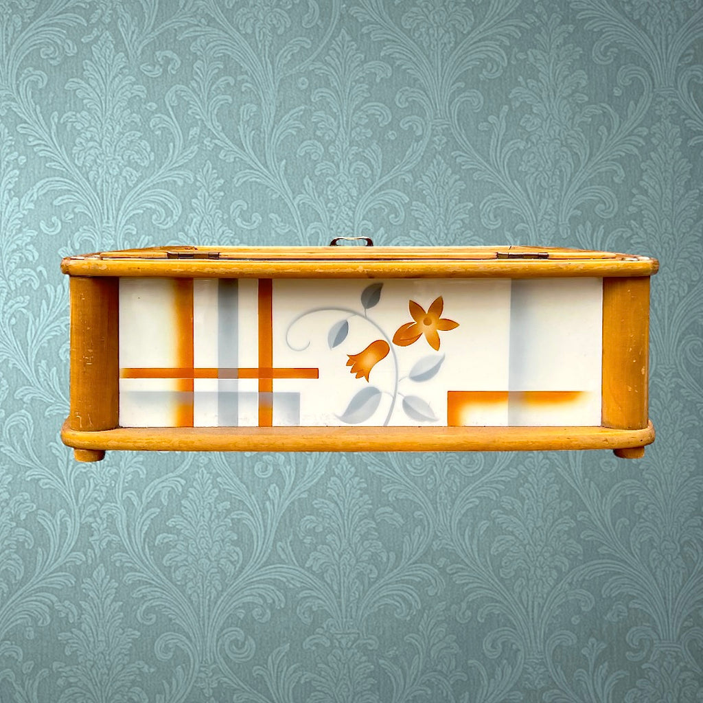 Boîte a pain ancienne en bois et céramique – Motif floral – Allemagne - Années 50
