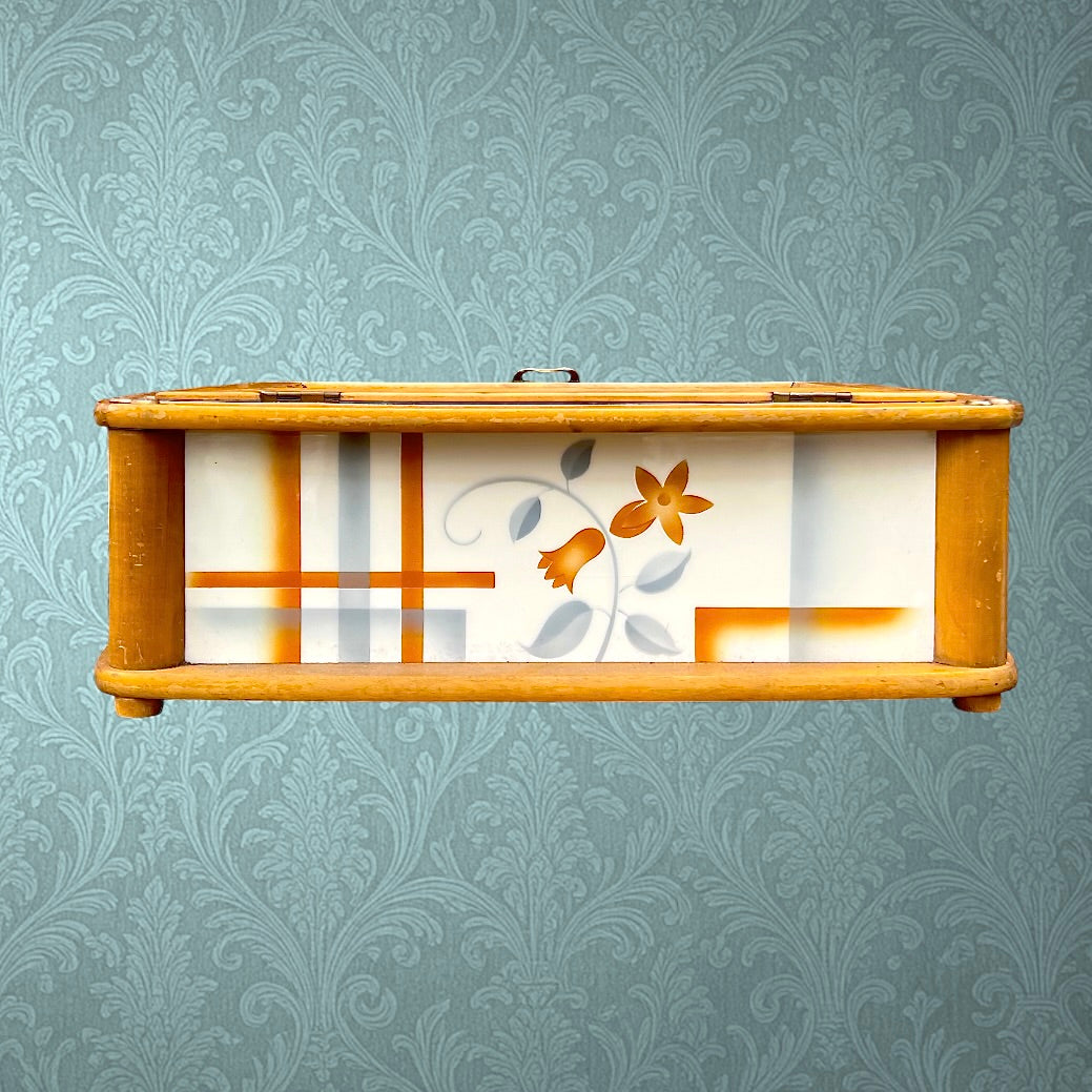Boîte a pain ancienne en bois et céramique – Motif floral – Allemagne - Années 50