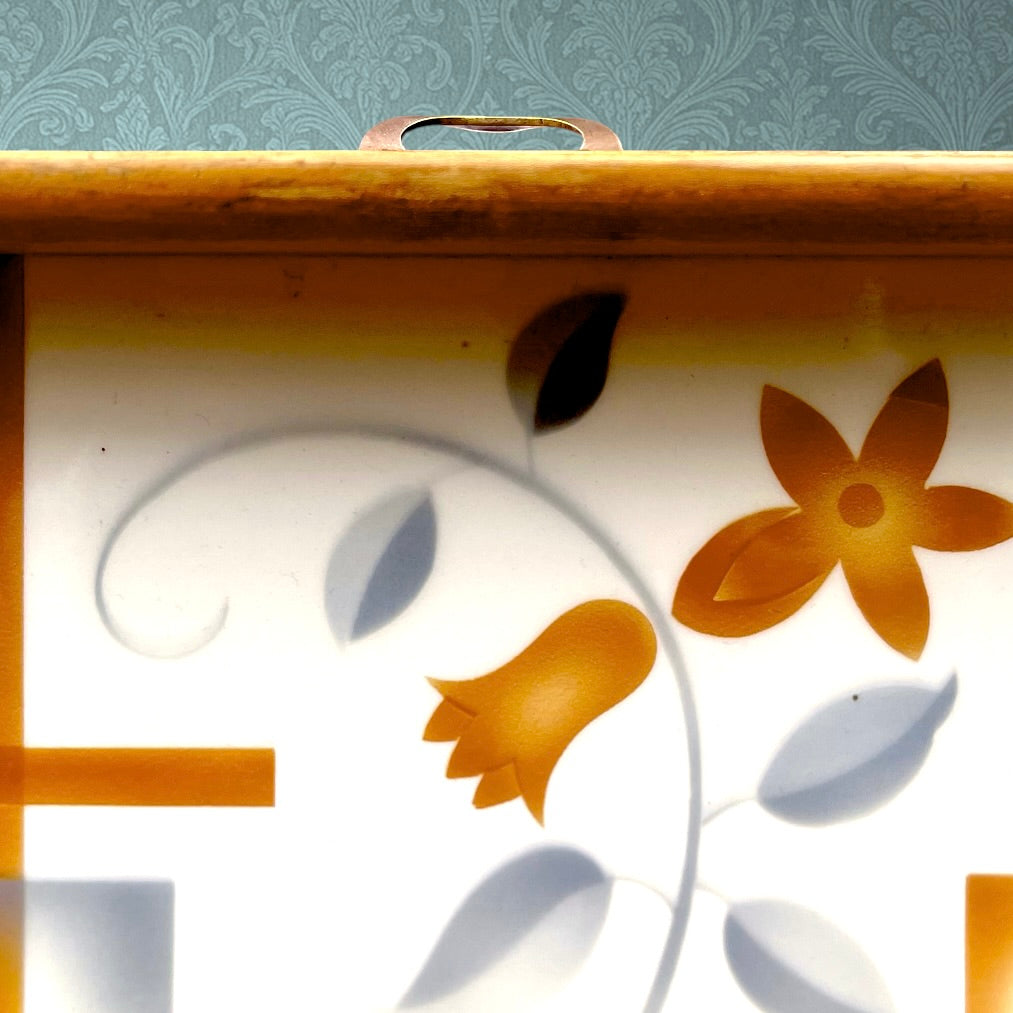 Boîte a pain ancienne en bois et céramique – Motif floral – Allemagne - Années 50
