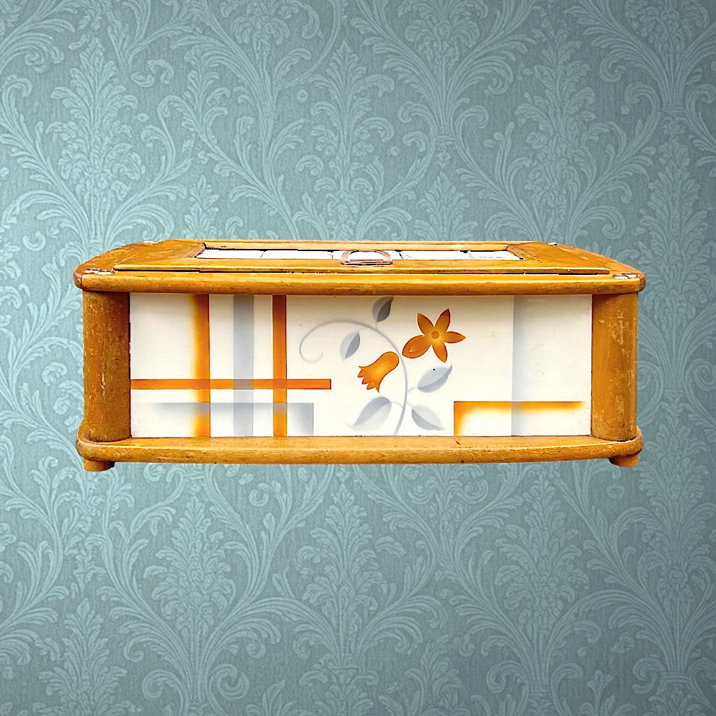 boite a pain ancienne bois ceramique motif floral
