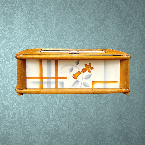 boite a pain ancienne bois ceramique motif floral
