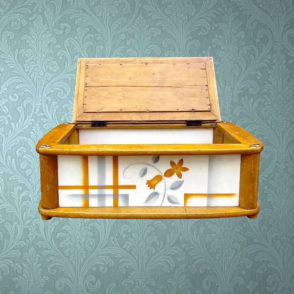 Boîte a pain ancienne en bois et céramique – Motif floral – Allemagne - Années 50