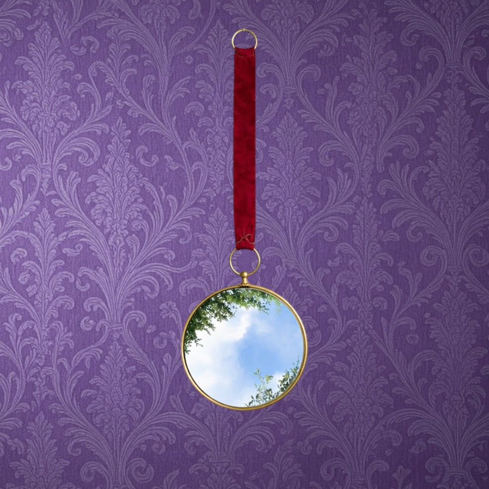 Miroir Œil De Sorcière Bombé Médaillon Doré Ruban Velours Années 60
