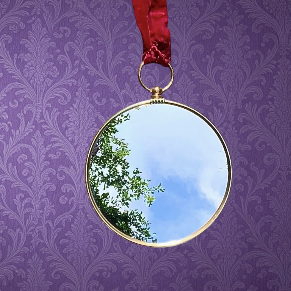 Miroir Œil De Sorcière Bombé Médaillon Doré Ruban Velours Années 60