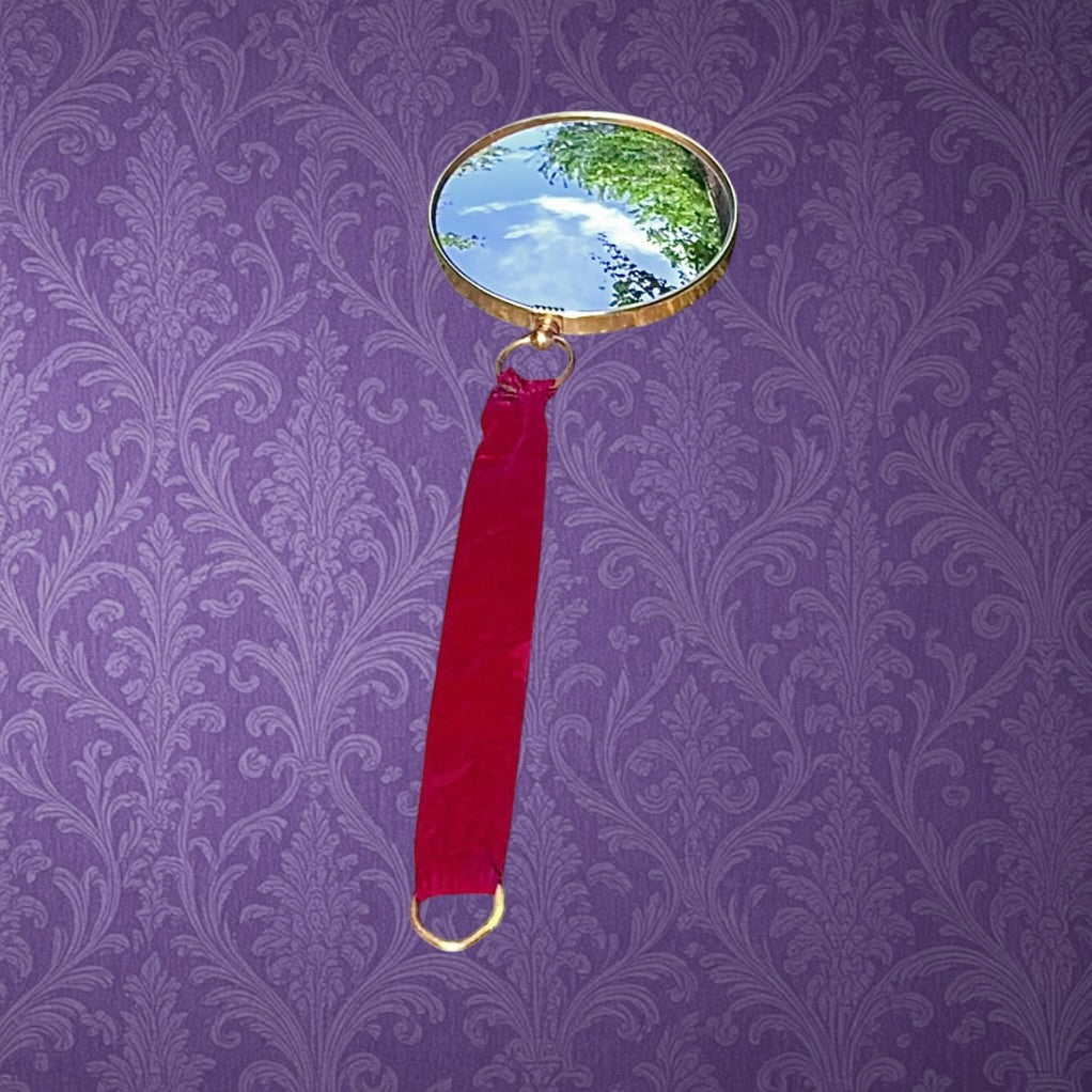 Miroir Œil De Sorcière Bombé Médaillon Doré Ruban Velours Années 60