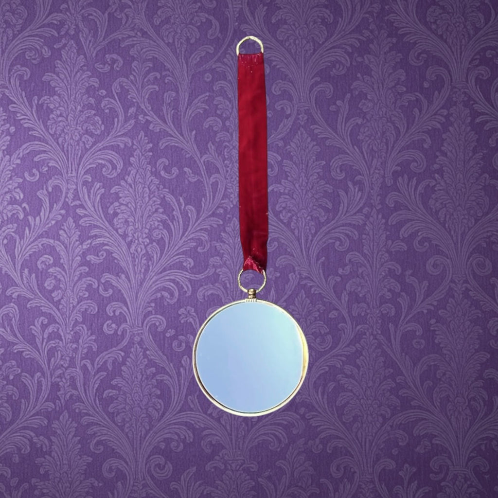 Miroir Œil De Sorcière Bombé Médaillon Doré Ruban Velours Années 60