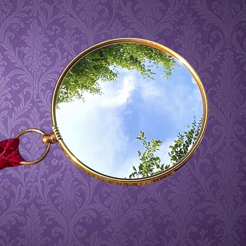 Miroir Œil De Sorcière Bombé Médaillon Doré Ruban Velours Années 60