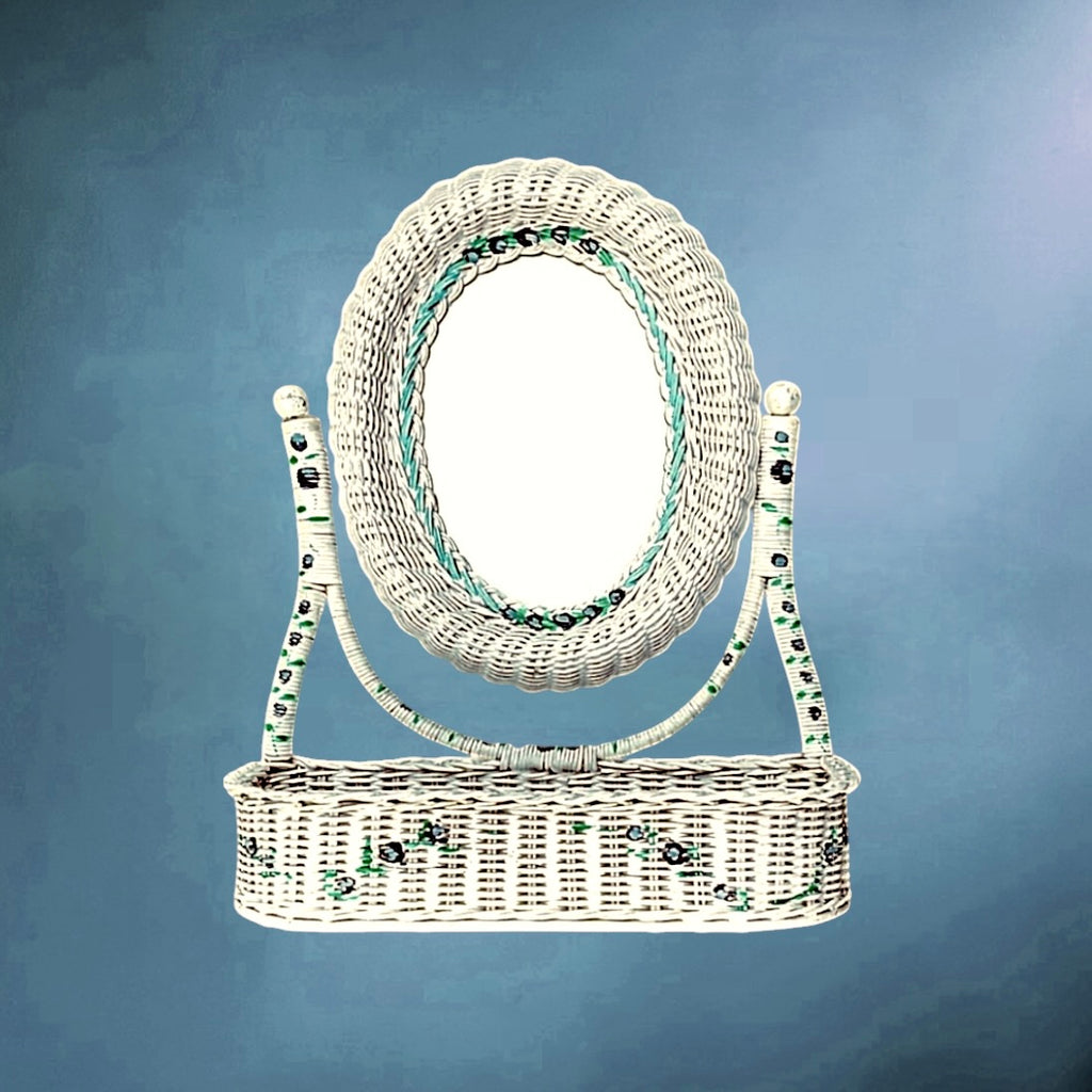 Miroir de Vanité en Rotin Tressé Blanc - Années 60